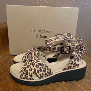 Clarks Ankle Strap Wedge Sandals - Size 8, Leopard